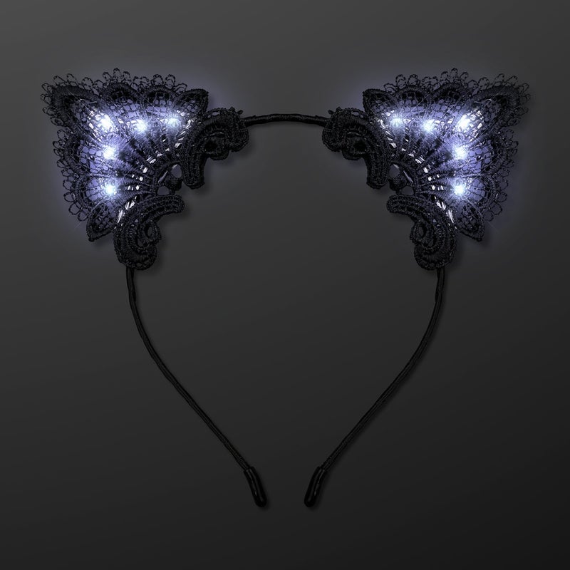 FlashingBlinkyLights Black Lace Light Up Kitty Cat Ears Headband with White LEDs - Image 2